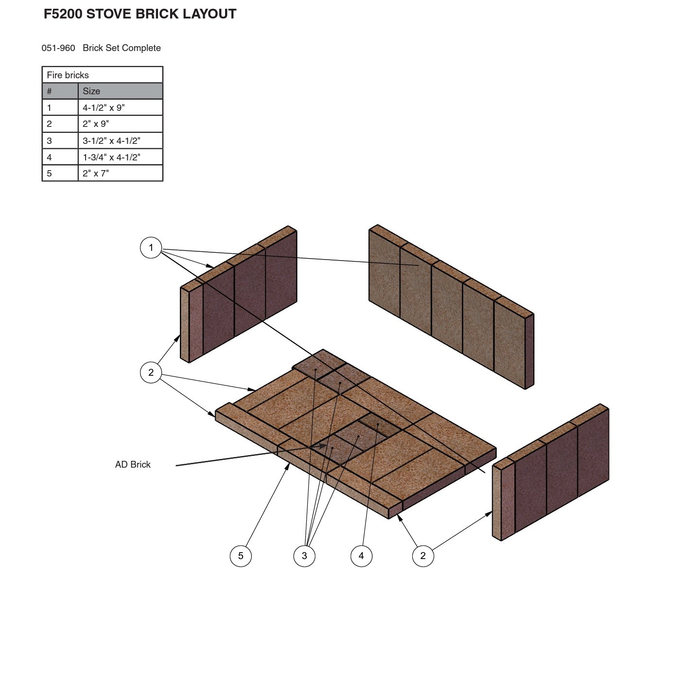 Regency F5200 Wood Stove Main Assembly Parts - 15) Brick Kit Complete